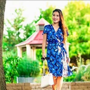 BANANA REPUBLIC Floral Pleated Surplice V-Neck Wrap  Dress Large